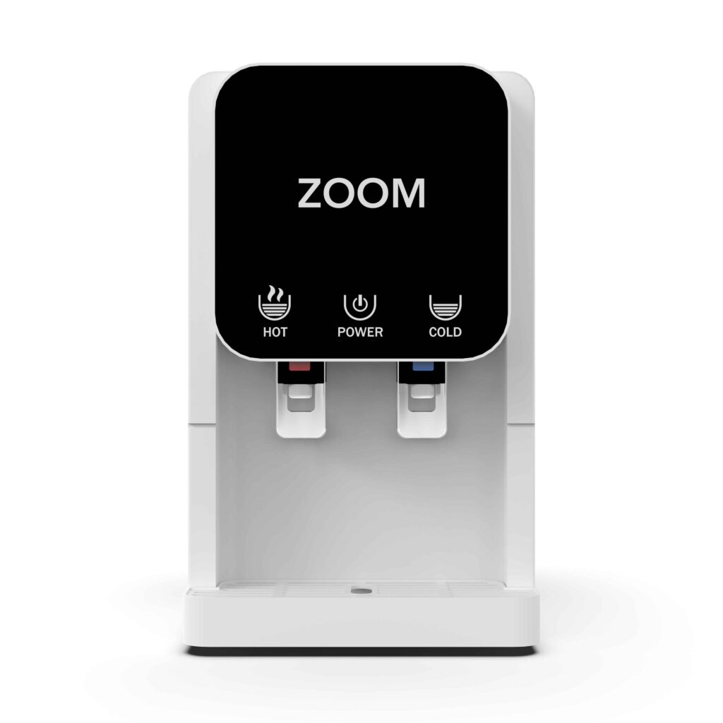 Zoom Eco Cooler and Water Filter with five-stage reverse osmosis technology, 5-liter internal tank, and 100 gallons per day production capacity for purified water.
